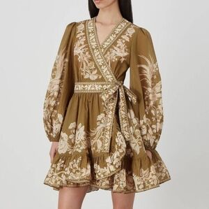 Zimmermann Anneke Printed Wrap Mini Dress in Cotton 0 Petite Olive Green